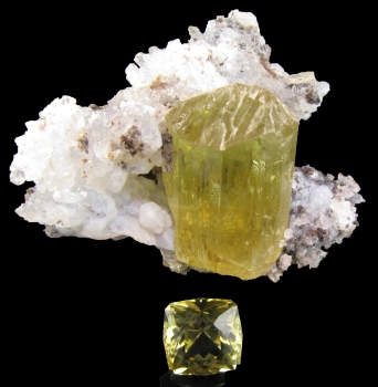 Apatite on Quartz (rough and cut) from Mercado Mine, Durango, Mexico [db_pics/pics/apatite4c.jpg]